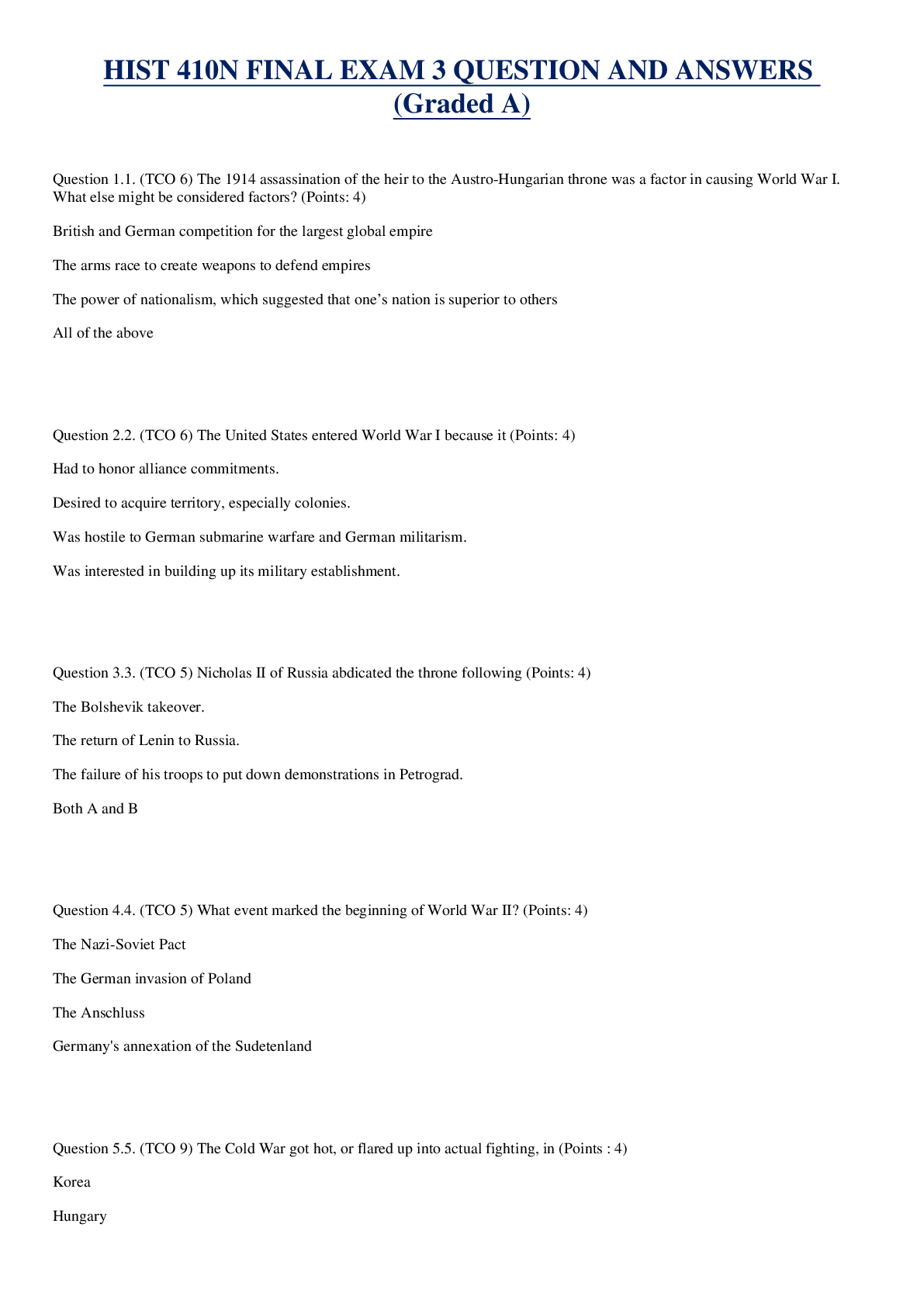 Preview image for HIST 410N FINAL EXAM 3 QUESTION AND ANSWERS  (Graded A)